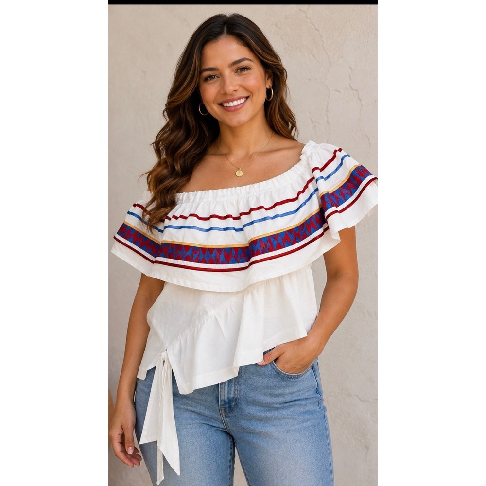 Stella Jean White Embroidered Off The Shoulder Ruffle Tie Waist Cotton Top IT 42